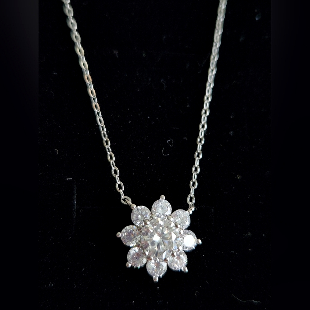 1ct Moissanite Diamond Flower Shaped Pendant on 925 sterling silver chain